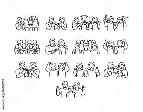 School events. Line icon set of School events: parents cheering school play, parents applauding performance, parents cheering graduation, parents at school