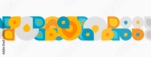 Abstract pattern features overlapping circles, squares, curved shapes. Colors include blue, orange, teal, gray. Minimalist design.