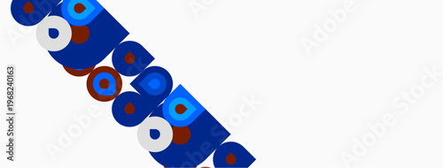 Colorful circles, squares, rectangles form abstract design. White background provides contrast, simple geometric shapes dominate composition.