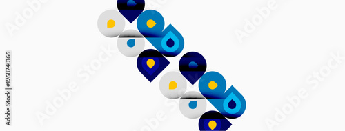 Logotype displays repeated good text, blue, yellow, gray colors. Minimalist design, white background, diagonal arrangement. Simple typography.