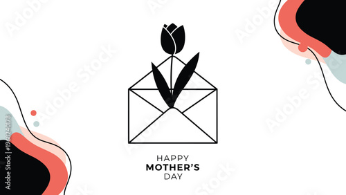 Artistic Happy Mother's Day greeting with a black tulip inside an envelope surrounded by abstract colorful shapes on a white background.