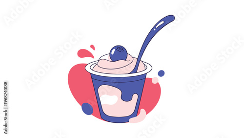 Colorful stylized illustration of a blueberry yogurt cup with bright pink splashes and a blue plastic spoon on a white background.