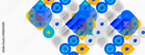 Abstract geometric pattern. Circles, squares overlap creating vibrant visual texture. Blue, orange, gray dominate composition. Modern design element.