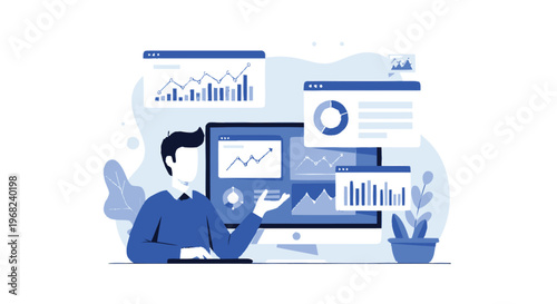 Business professional analyzing financial data on a computer screen, charts and graphs.