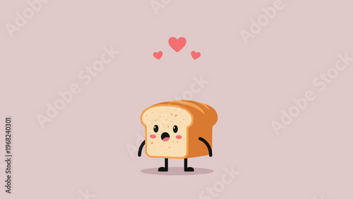 Cute cartoon loaf of bread character with a surprised face and small pink hearts floating above its head on a soft purple background.