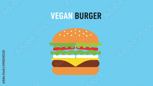 Layered flat design illustration of a vegan burger with lettuce, tomato, onions, and cheese against a solid bright blue background.