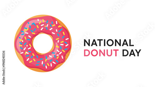 Pink frosted donut with colorful sprinkles is shown next to the bold sans serif text national donut day on a plain white background.