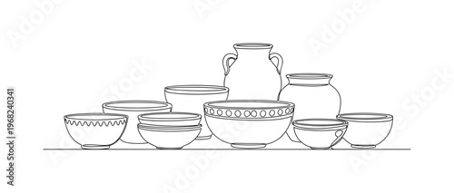 Table Display. Minimalistic one-line drawing collection of bowls and ceramic pots on table, continuous single black line on white background, simple outline