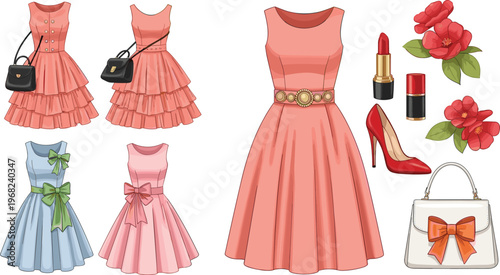 Women Fashion Dress and Accessories Vector Illustration Set with Handbag, High Heels, Lipstick, Flowers and Elegant Outfit Collection