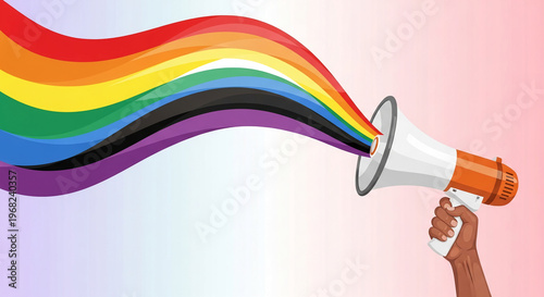 Illustration of hand holding a megaphone with rainbow wave, representing unity, diversity, and the voicing of support for inclusivity