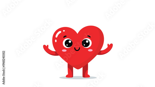 Cheerful red heart character with a happy face, rosy cheeks, and open arms is standing on a plain white background for love.