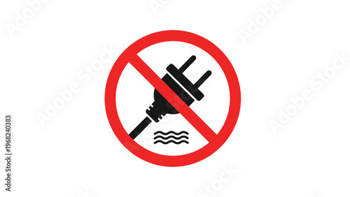 Red prohibited sign shows a black electrical plug over wavy blue lines representing water to warn against dangerous electric shock.