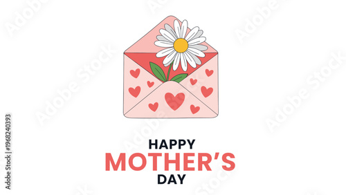 Pink envelope decorated with hearts contains a white daisy flower with a celebratory happy mothers day message below it.