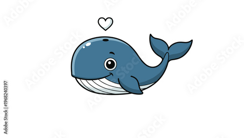 Cute blue whale cartoon character smiling with a small white heart floating above its head isolated on a plain white background.