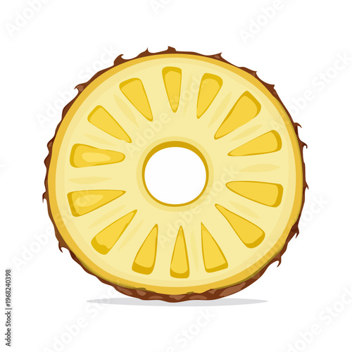 Close up of a fresh sliced pineapple ring showing its juicy yellow flesh and central core on white background