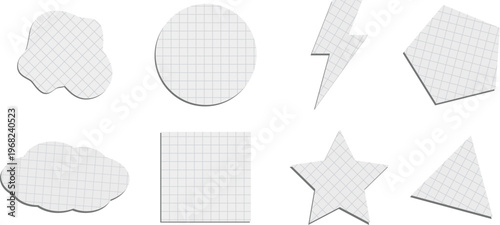 A vector set of torn paper pieces in various shapes, including circles, squares, stars, and lightning bolts, featuring abstract, colorful designs, flat style, and editable elements for creative, decor