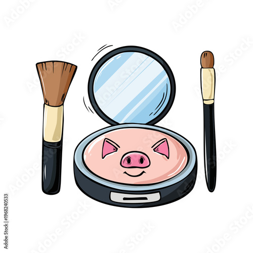 Cute pig face powder compact with makeup brushes cartoon illustration
