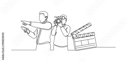 Video Production Scene. Minimalistic one-line drawing director, cameraman, and clapperboard in action, continuous single black line on white background, simple