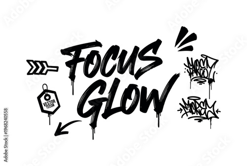 Focus Glow. lettering and all elements in black. Vector style. AWhite background. Pure white background. Perfect isolation and visual consistency. Dynamic