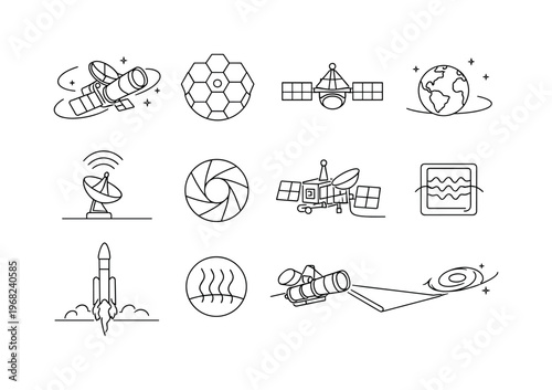 Space Telescopes. Minimalistic set one-line drawing orbiting space telescope, primary mirror dish, solar panel wings, deep space background stars, telescope in