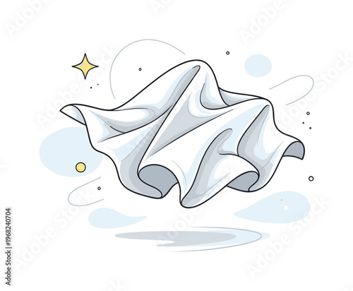 Crumbled Napkin. A single crumpled napkin floating lightly in space, soft folds and irregular creases creating an abstract rhythm. Calm, minimal mood with