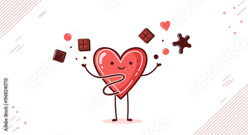 Happy Heart Character Juggling Chocolate Pieces and Hearts