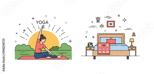 Yoga at sunrise countryside yoga scene where a person stretches on a yoga mat in an open field while tiny sparkle and star icons highlight tranquility, focus,