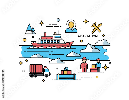 Siberia river transport concept where boats navigate icy rivers while small sparkle and line icons emphasize travel, adaptation, and regional life. The