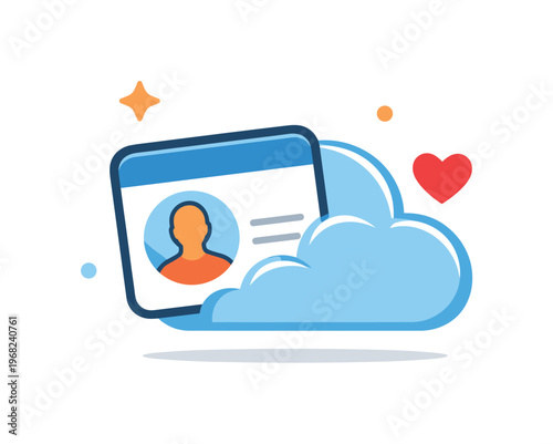 Posthumous AI avatar concept represented by a simple profile card merging with a cloud and small heart icon, conveying personal memory preserved and ethical