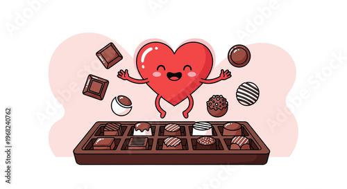 Happy Heart Character Jumping with Chocolate Box and Assorted Candies