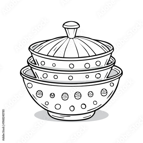 Stack of ceramic bowls with decorative dot pattern and lid hand drawn illustration