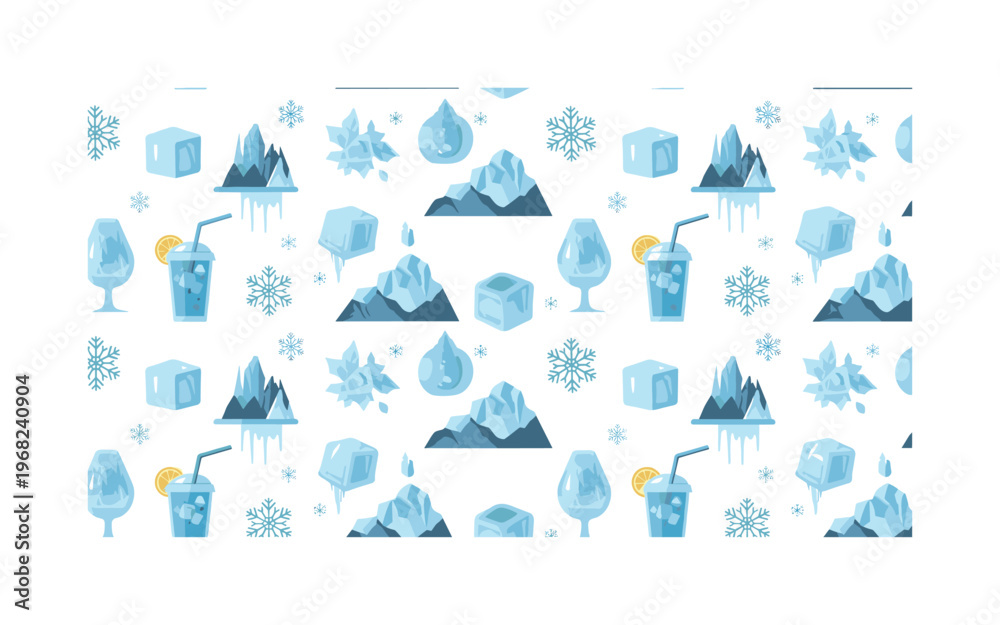 Fototapeta premium cold patterns seamless pattern, repeating pattern, surface design, textile print, modern illustration of ice cubes, snowflakes, frost, glaciers, icicles,