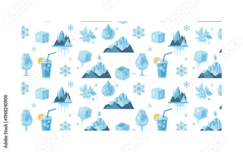 cold patterns seamless pattern, repeating pattern, surface design, textile print, modern illustration of ice cubes, snowflakes, frost, glaciers, icicles,