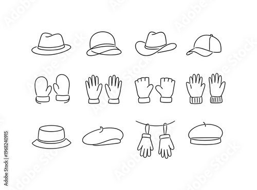 Seasonal Headwear and Handwear. Minimalistic set one-line drawing fedora hat, cloche hat, cowboy hat, cap with curved brim, mittens with cuff line, gloves palm