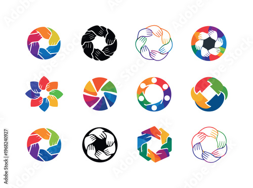 community of all colors. Icon set. Set Logo of community of all colors: hands joined in circle. harmonious logo variations of the same emblematic concept, each