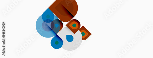 Abstract geometric shapes overlap, creating dynamic composition. Colors include blue, brown, white. Minimalist design evokes modern aesthetic.