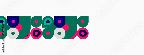 Abstract geometric shapes repeat. Circles, squares, rectangles combine forming colorful pattern. Minimalist design, flat illustration.
