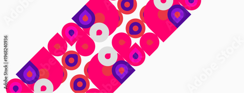 Abstract pattern features repeating circles, pinks, purples. Diagonal arrangement creates dynamic visual rhythm. Clean white background emphasizes shapes.