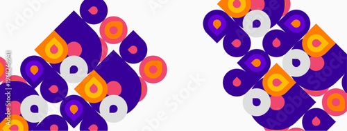 Abstract geometric shapes overlap, creating vibrant pattern. Purple, pink, orange hues dominate white background. Modern design elements present.