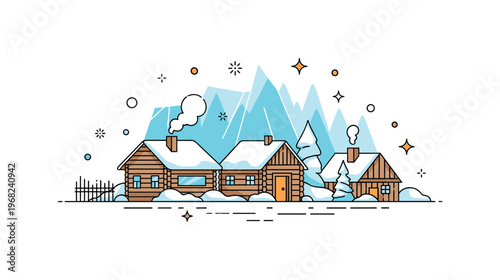 Siberia frozen village scene where small wooden homes are surrounded by snow while small sparkle and star icons emphasize isolation, resilience, and Arctic