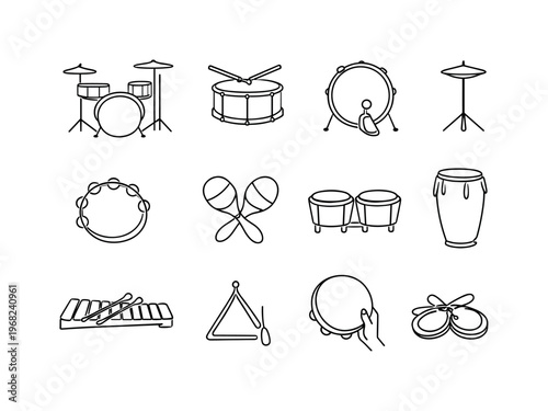 Percussion Instruments Set. Minimalistic set one-line drawing drum kit, snare drum, bass drum, cymbals, tambourine, maracas, bongos, conga drum, xylophone,