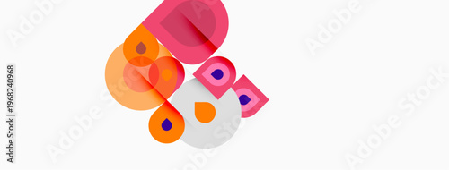 Abstract geometric shapes, pinks, oranges dominate composition. Circles, squares overlap creating dynamic visual effect. Minimalist design.
