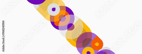 Abstract circles overlap, creating vibrant color gradients. Purple, orange, yellow hues dominate white background. Modern design element.