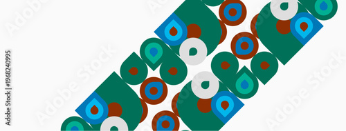 Abstract pattern features overlapping circles, squares, rectangles. Colors include green, orange, blue, white. Diagonal arrangement creates dynamic visual effect.