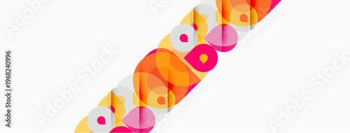Abstract colorful circles overlap diagonally across white space. Bright pinks, oranges, yellows create dynamic visual pattern.