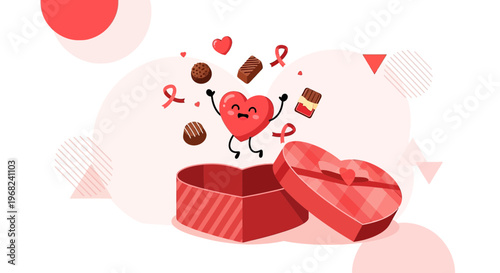Happy Heart Character With Chocolates Emerging From Gift Box