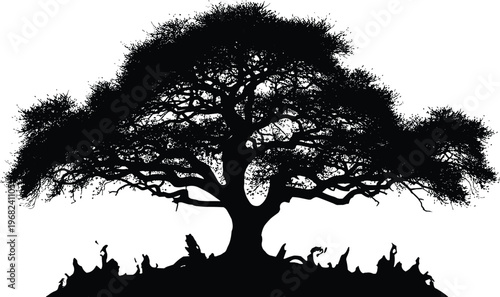 A majestic ancient tree silhouetted against a stark white background, showcasing its sprawling branches and intricate root system, evoking a sense of timelessness and natural grandeur