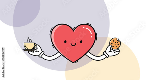Happy Heart Character with Coffee and Cookie