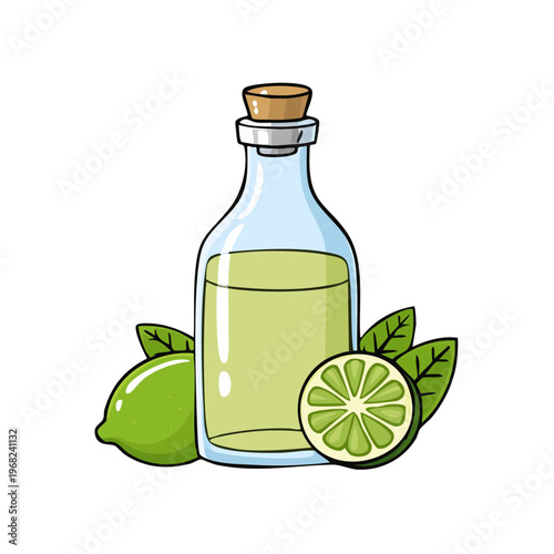 Glass bottle filled with lime essence alongside fresh limes and leaves