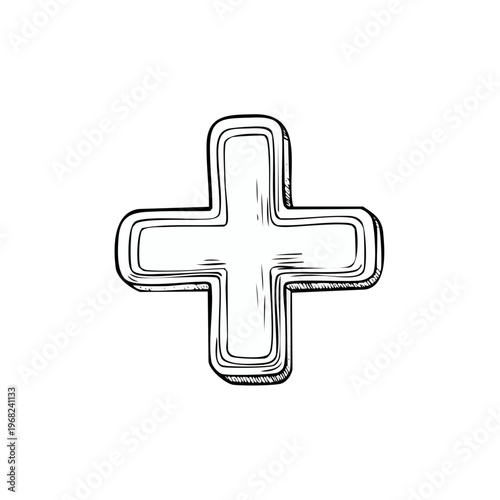 Hand drawn plus sign icon with sketched outline and shading on white background